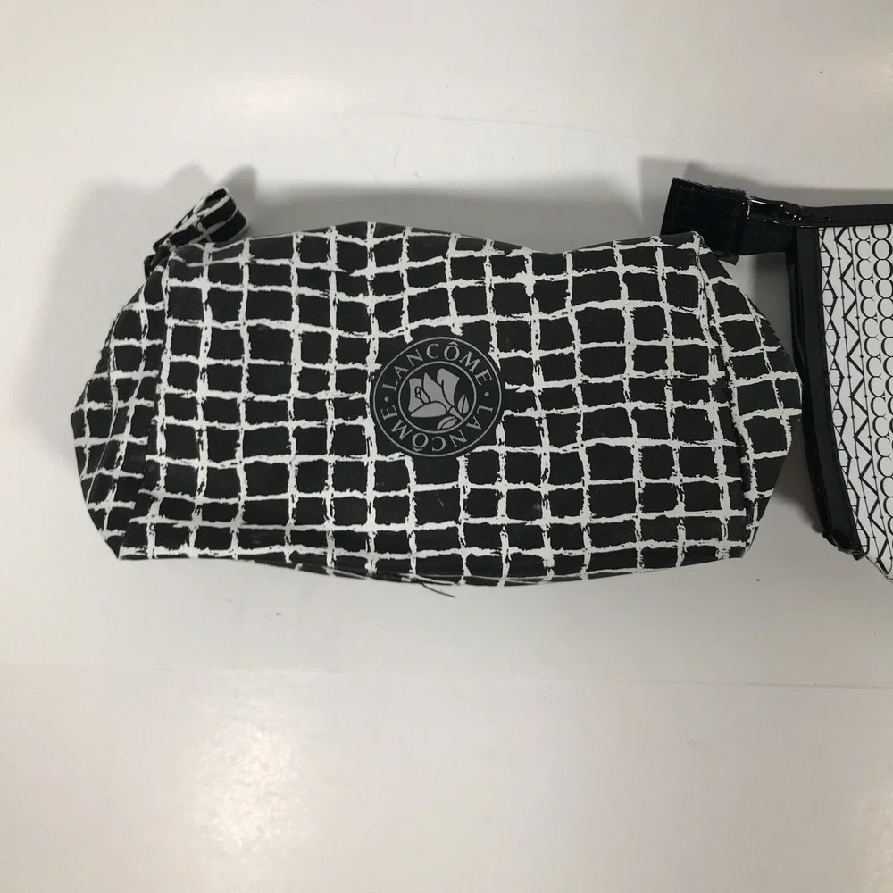 Lancome Paris Cosmetic Bag Set Black White Grid Logo Makeup Travel Pouches 2pc